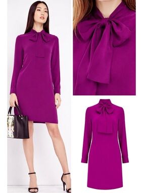 Ted Baker Yanka Silk Dress US Size 10 Purple Bow Neck Shift Work Wedding Guest